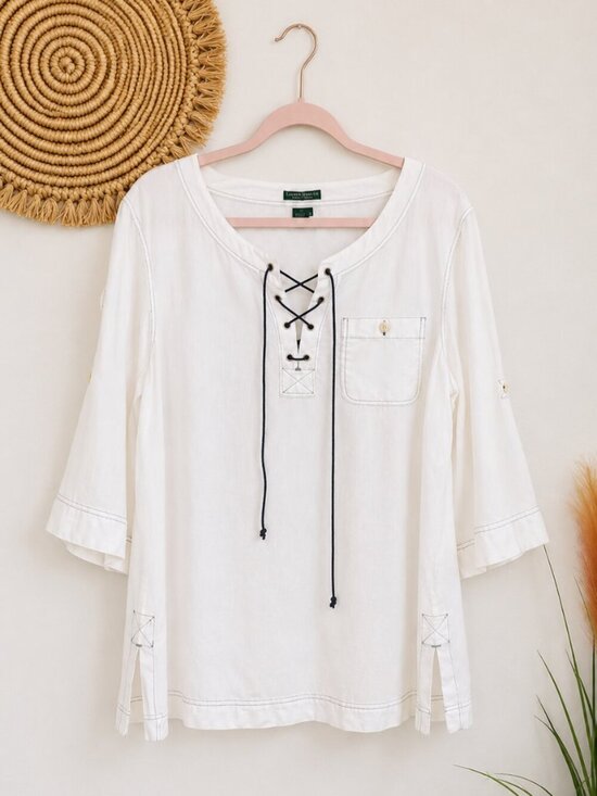 Ralph Lauren Tops - Ralph Lauren White 100% Linen White 3/4 Sleeve Lace-up Popover Shirt SZ 1X Boho